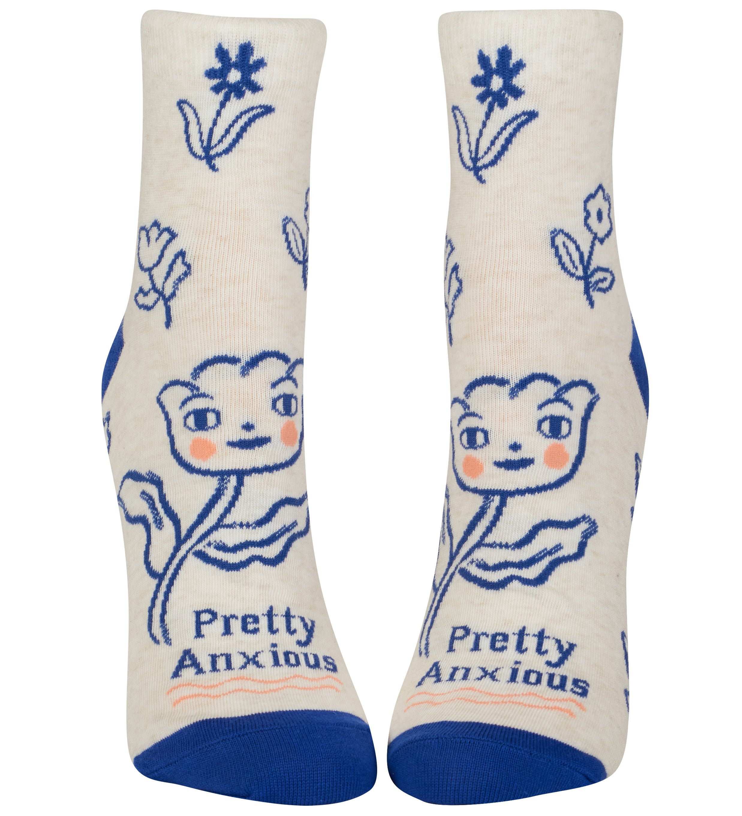 Pair of socks with floral design and 'Pretty Anxious' text on a white background. Available at Be Charmed