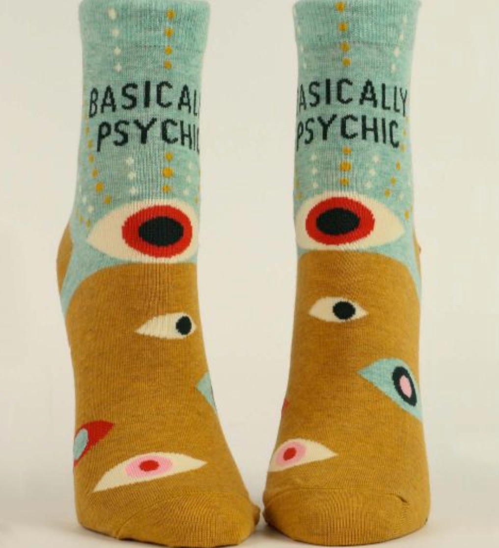  Blue Q Basically Psychic Ankle Socks – Quirky design and cushioned comfort, available at Be Charmed.