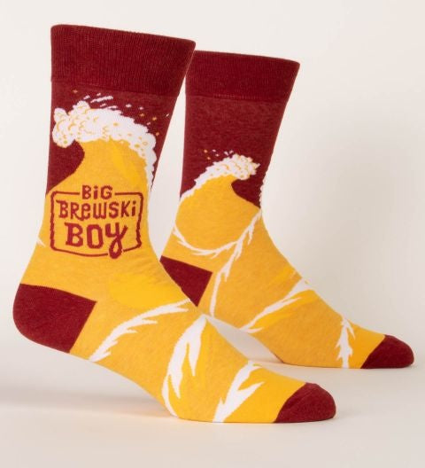 Blue Q "Big Brewski Boy" Men's Crew Socks featuring a humorous beer design, available at Be Charmed.