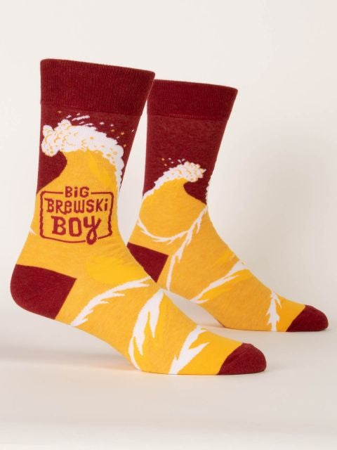 Blue Q "Big Brewski Boy" Men's Crew Socks featuring a humorous beer design, available at Be Charmed.