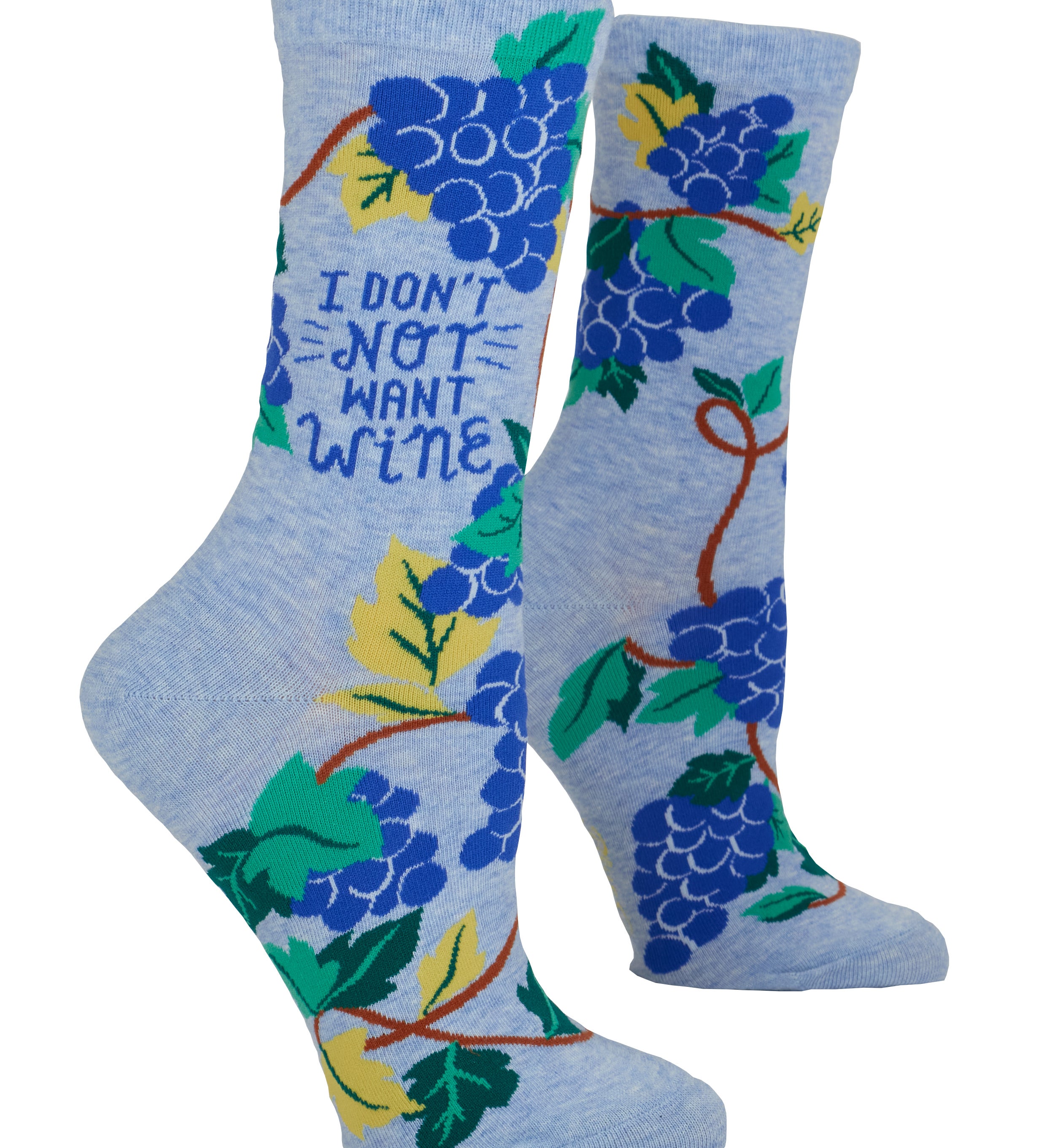 Blue socks with grapevine design and text 'I Don't Not Want Wine' on a white background. Available at Be Charmed