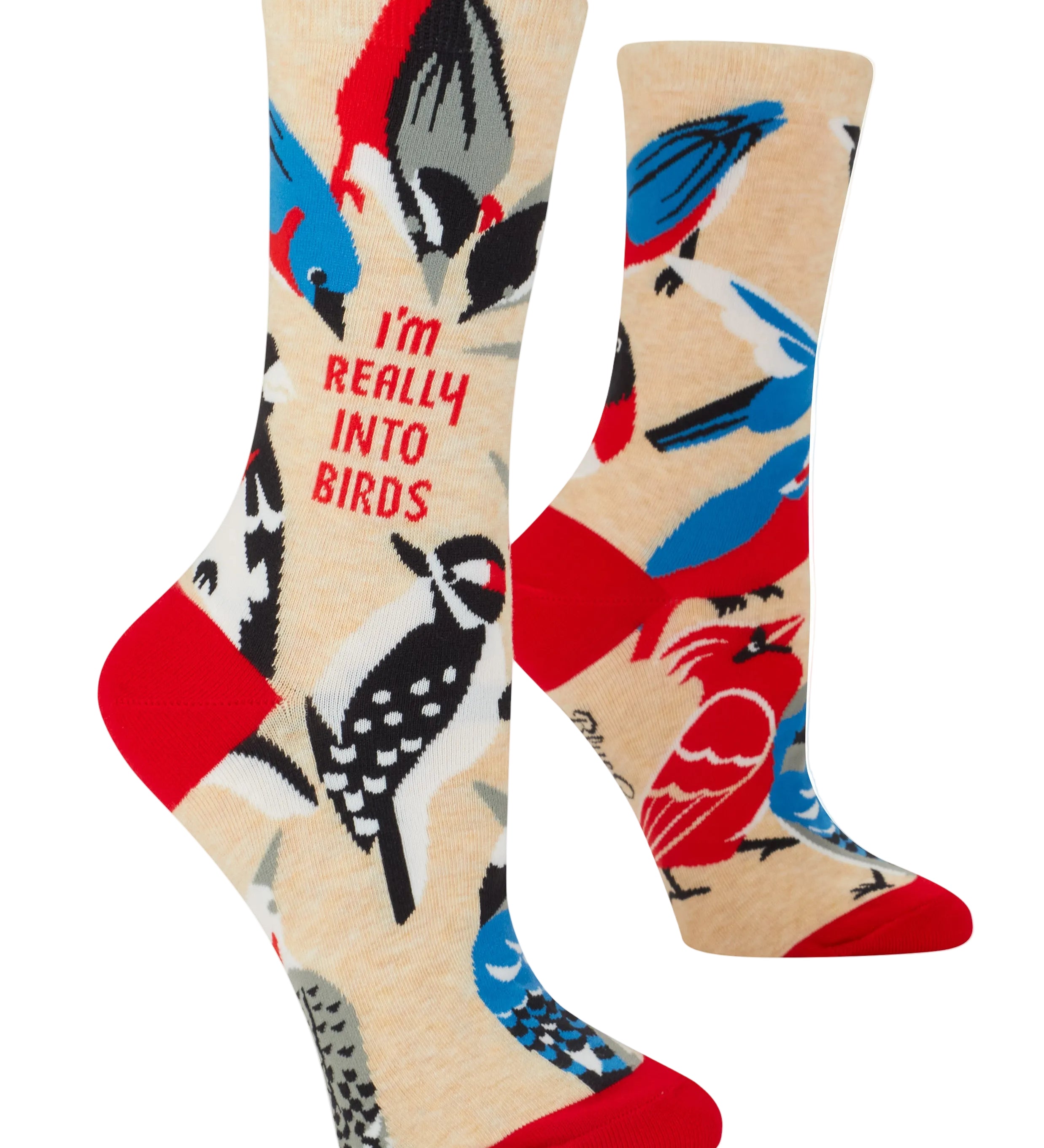 Colorful socks with bird designs and text on a beige background. Available at Be Charmed