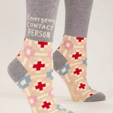 Emergency Contact crew socks – soft cotton blend crew socks printed with “Emergency Contact” info, available at Be Charmed.