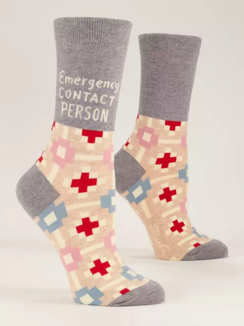 Emergency Contact crew socks – soft cotton blend crew socks printed with “Emergency Contact” info, available at Be Charmed.