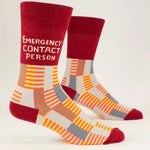 Blue Q Emergency Contact Men's Crew Socks featuring a vibrant design with a humorous message, available at Be Charmed.