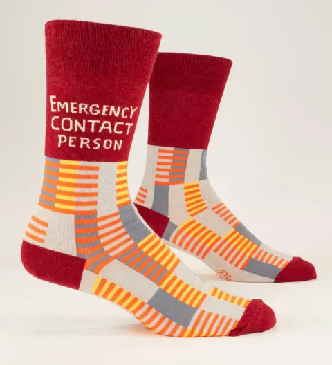 Blue Q Emergency Contact Men's Crew Socks featuring a vibrant design with a humorous message, available at Be Charmed.