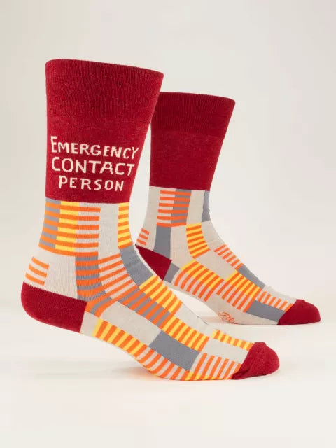 Blue Q Emergency Contact Men's Crew Socks featuring a vibrant design with a humorous message, available at Be Charmed.