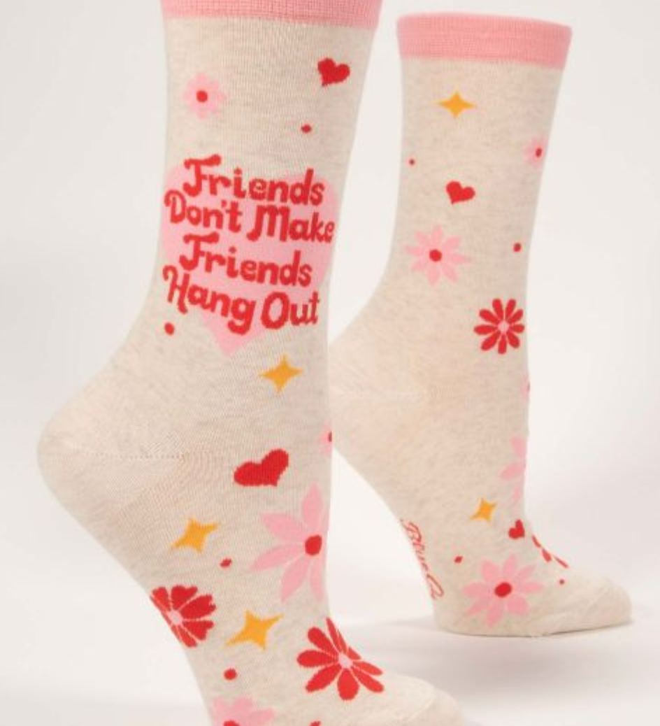 Friends Hang Out crew socks – soft cotton-blend crew socks with playful design, available at Be Charmed.
