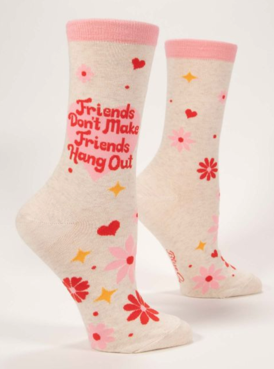 Friends Hang Out crew socks – soft cotton-blend crew socks with playful design, available at Be Charmed.