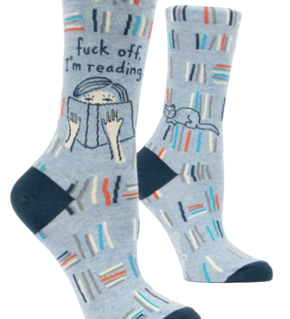 Blue Q Crew Socks – Fuck Off, I'm Reading with book-themed design and bold message, perfect for readers – Available at Be Charmed

