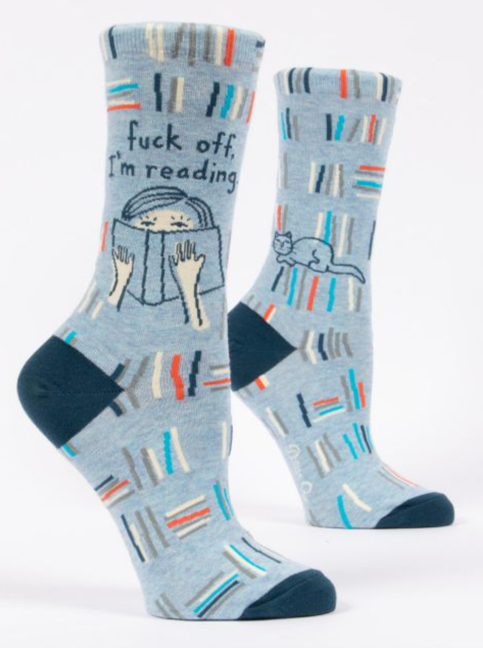 Blue Q Crew Socks – Fuck Off, I'm Reading with book-themed design and bold message, perfect for readers – Available at Be Charmed

