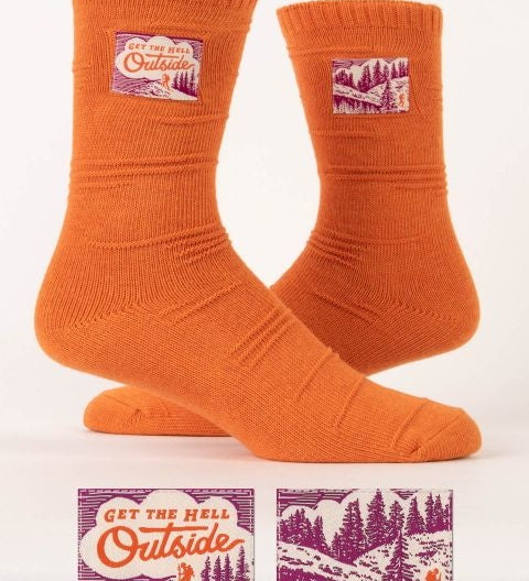  Blue Q Get The Hell Outside Tag Socks – Bold design and comfortable fit, perfect for outdoor enthusiasts, available at Be Charmed.
