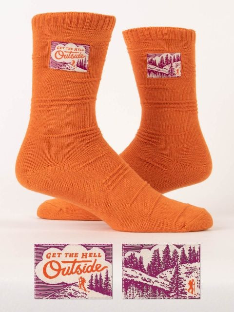  Blue Q Get The Hell Outside Tag Socks – Bold design and comfortable fit, perfect for outdoor enthusiasts, available at Be Charmed.
