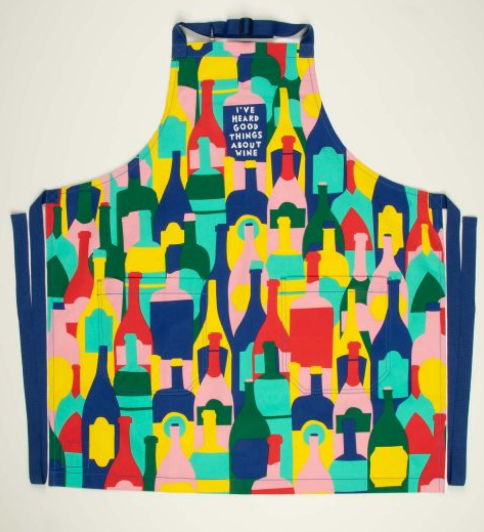 Good Things About Wine apron – cheeky kitchen apron with witty wine design, available at Be Charmed.