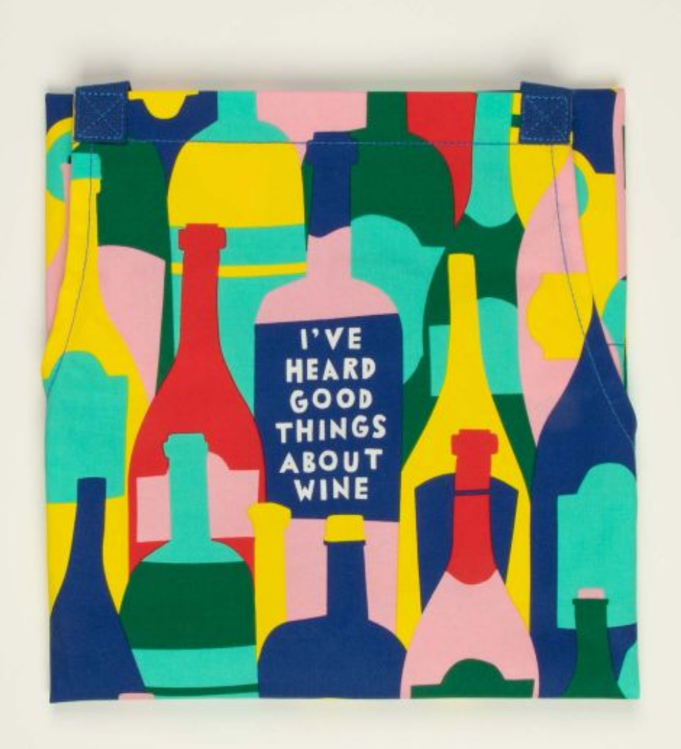 Folded Good Things About Wine apron – cheeky kitchen apron with witty wine design, available at Be Charmed.