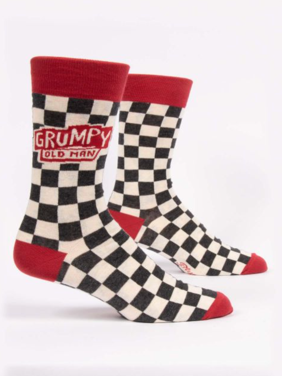 A pair of men's crew socks with a checkered pattern, featuring the text 'GRUMPY OLD MAN' on the ankle area. Available at Be Charmed
