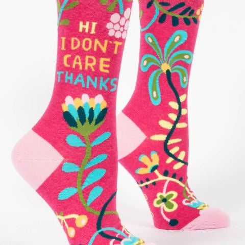 Blue Q Crew Socks – Hi I Don’t Care. Thanks. design with bold text and sarcastic style, perfect for snarky souls – Available at Be Charmed
