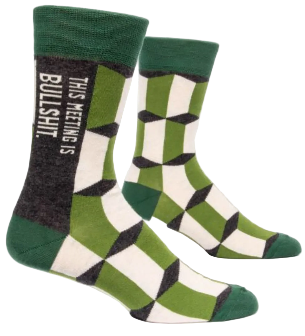 Blue Q Men's Crew Socks, Meeting is Bullshit, featuring a bold graphic design with witty text, available at Be Charmed.