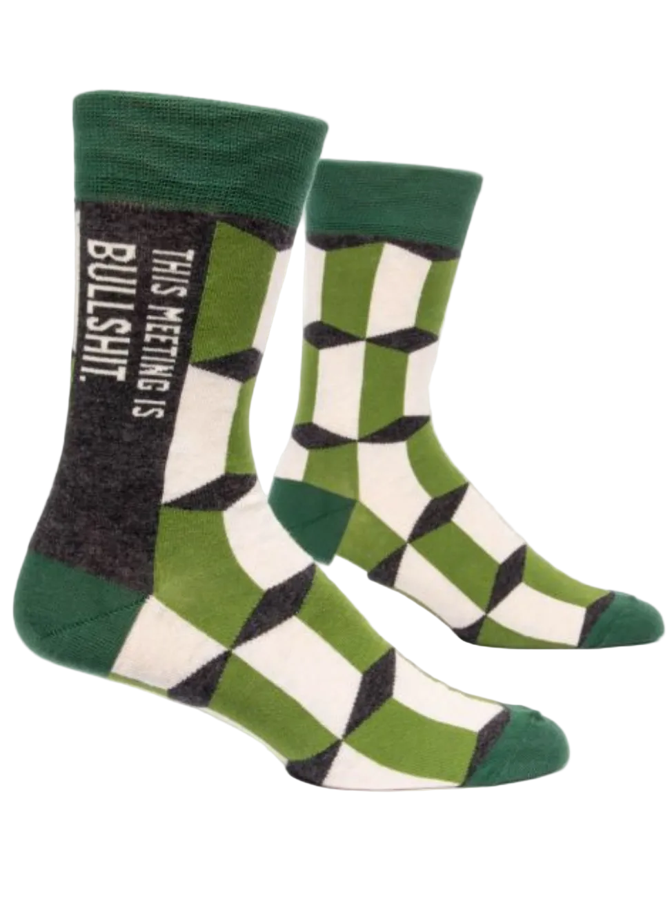 Blue Q Men's Crew Socks, Meeting is Bullshit, featuring a bold graphic design with witty text, available at Be Charmed.
