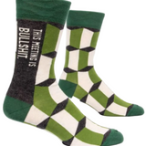 Blue Q Men's Crew Socks, Meeting is Bullshit, featuring a bold graphic design with witty text, available at Be Charmed.