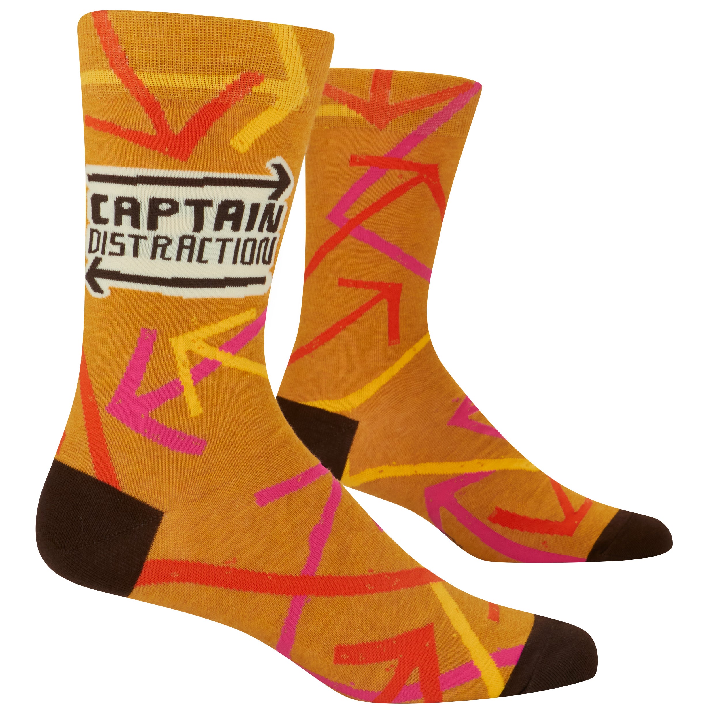 Pair of socks with orange and pink abstract pattern on a white background. Available at Be Charmed