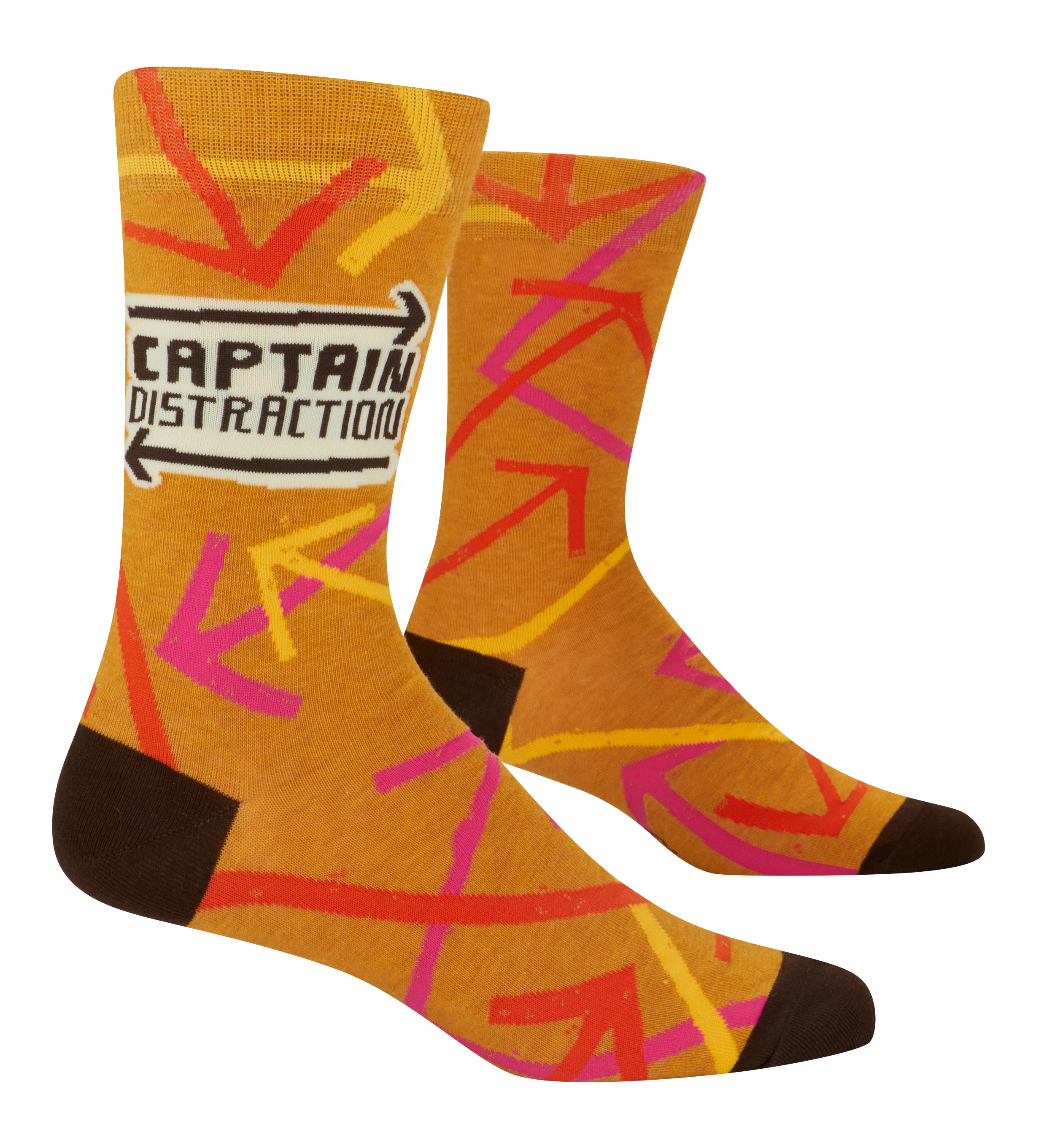 Pair of socks with orange and pink abstract pattern on a white background. Available at Be Charmed