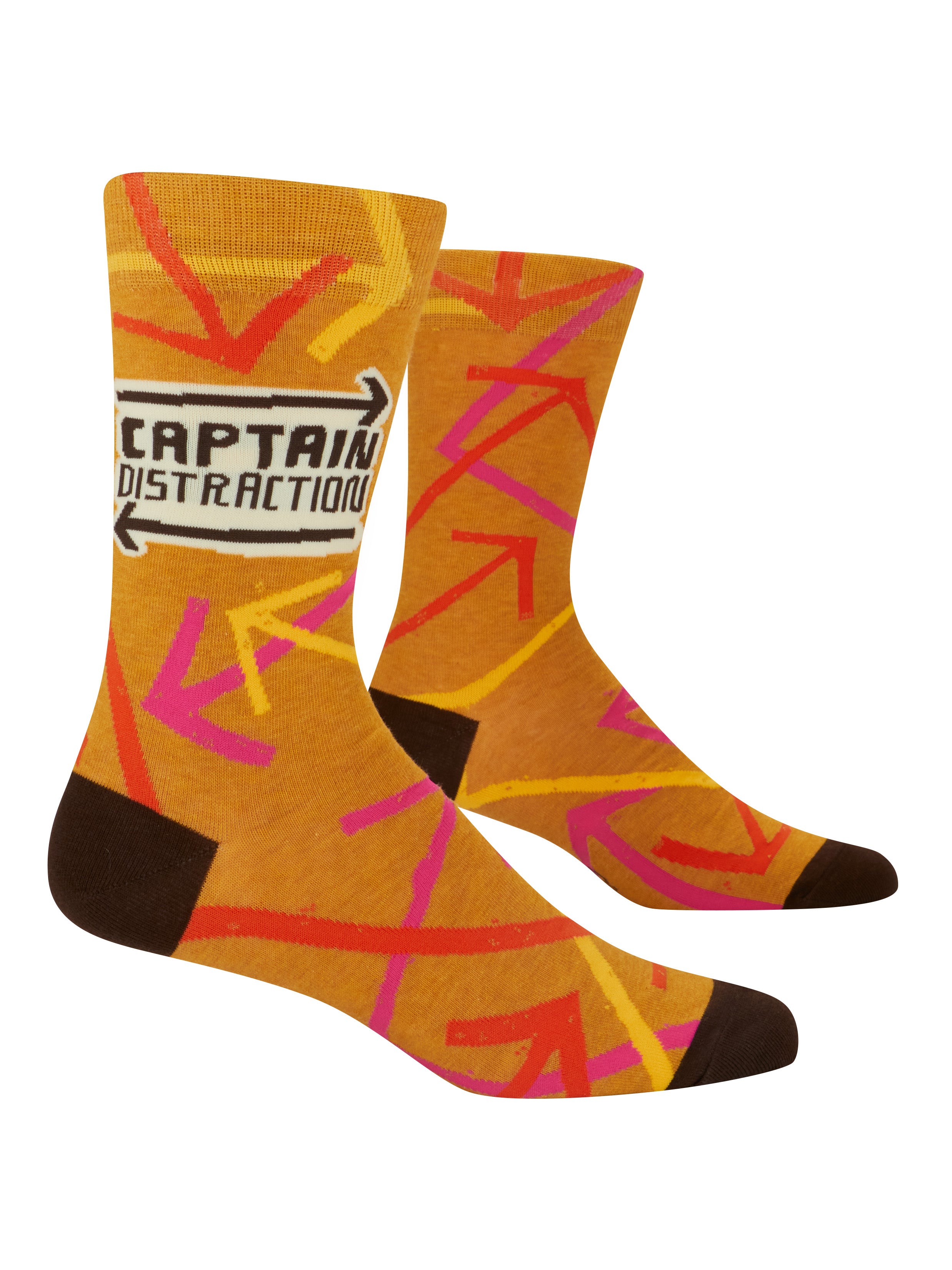 Pair of socks with orange and pink abstract pattern on a white background. Available at Be Charmed