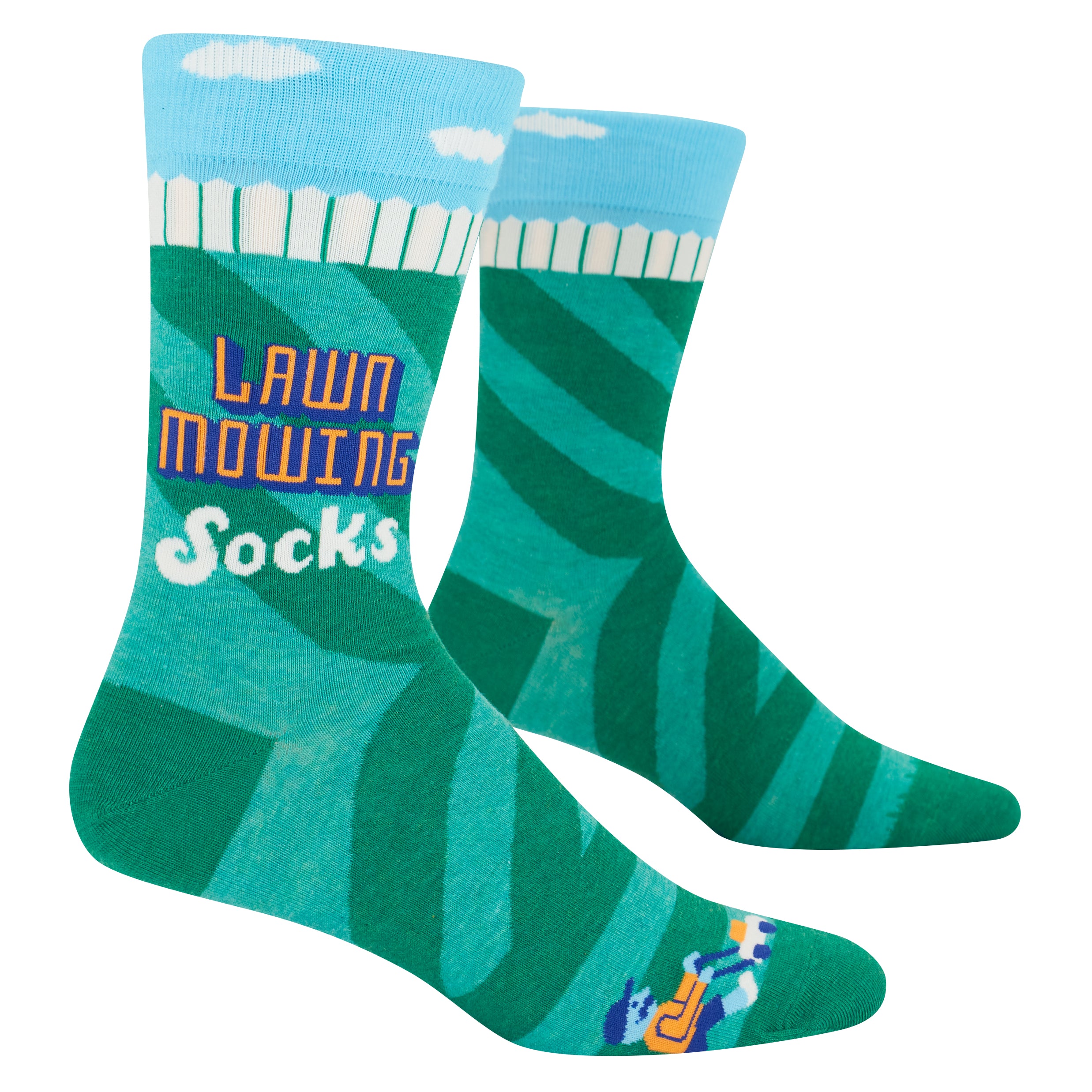 Green and blue socks with text and patterns on a white background.  Available at Be Charmed