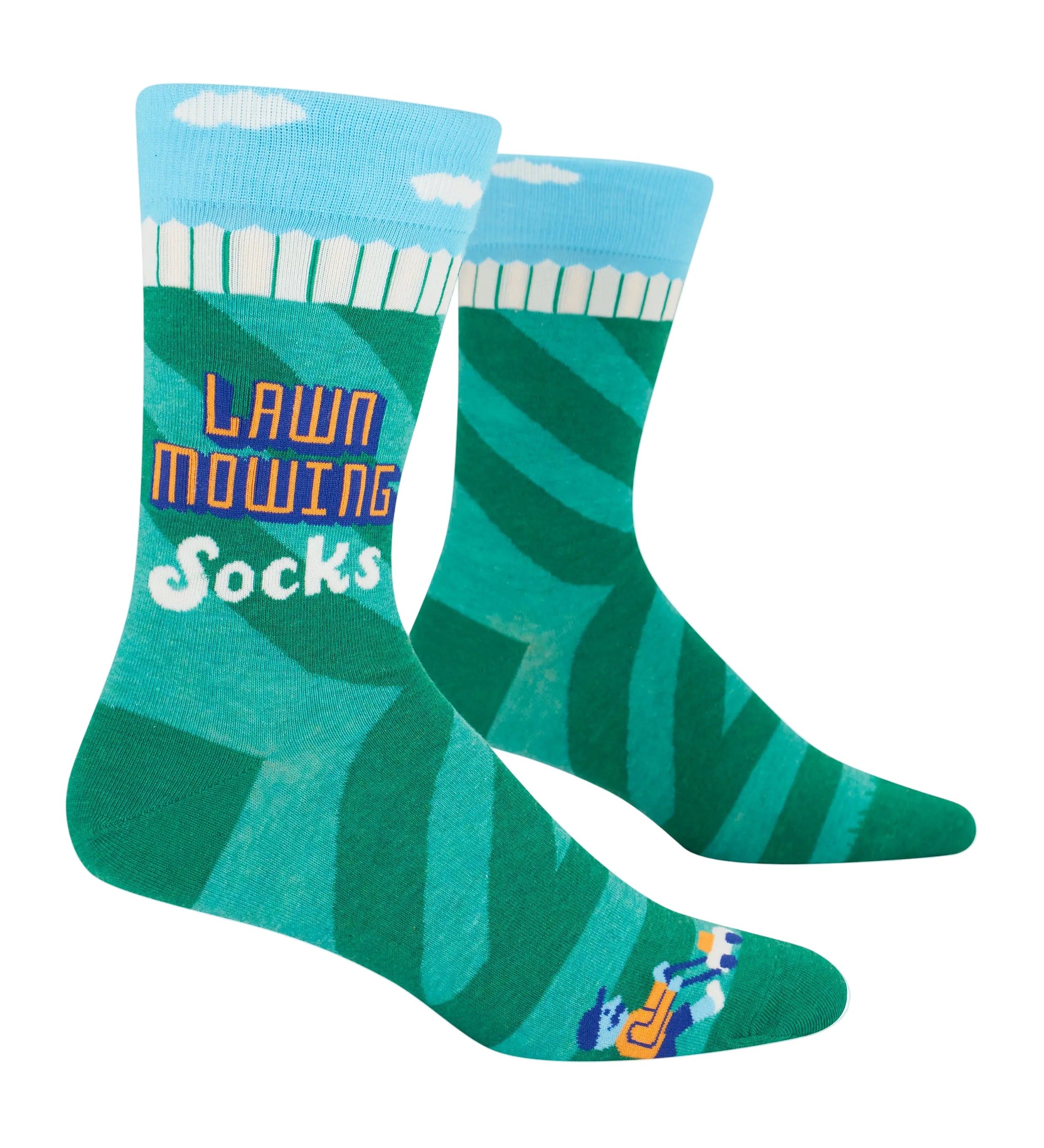 Green and blue socks with text and patterns on a white background.  Available at Be Charmed