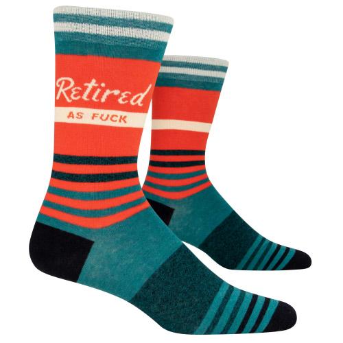 Striped socks with 'Retired as Fuck' text on a white background. Available at Be Charmed
