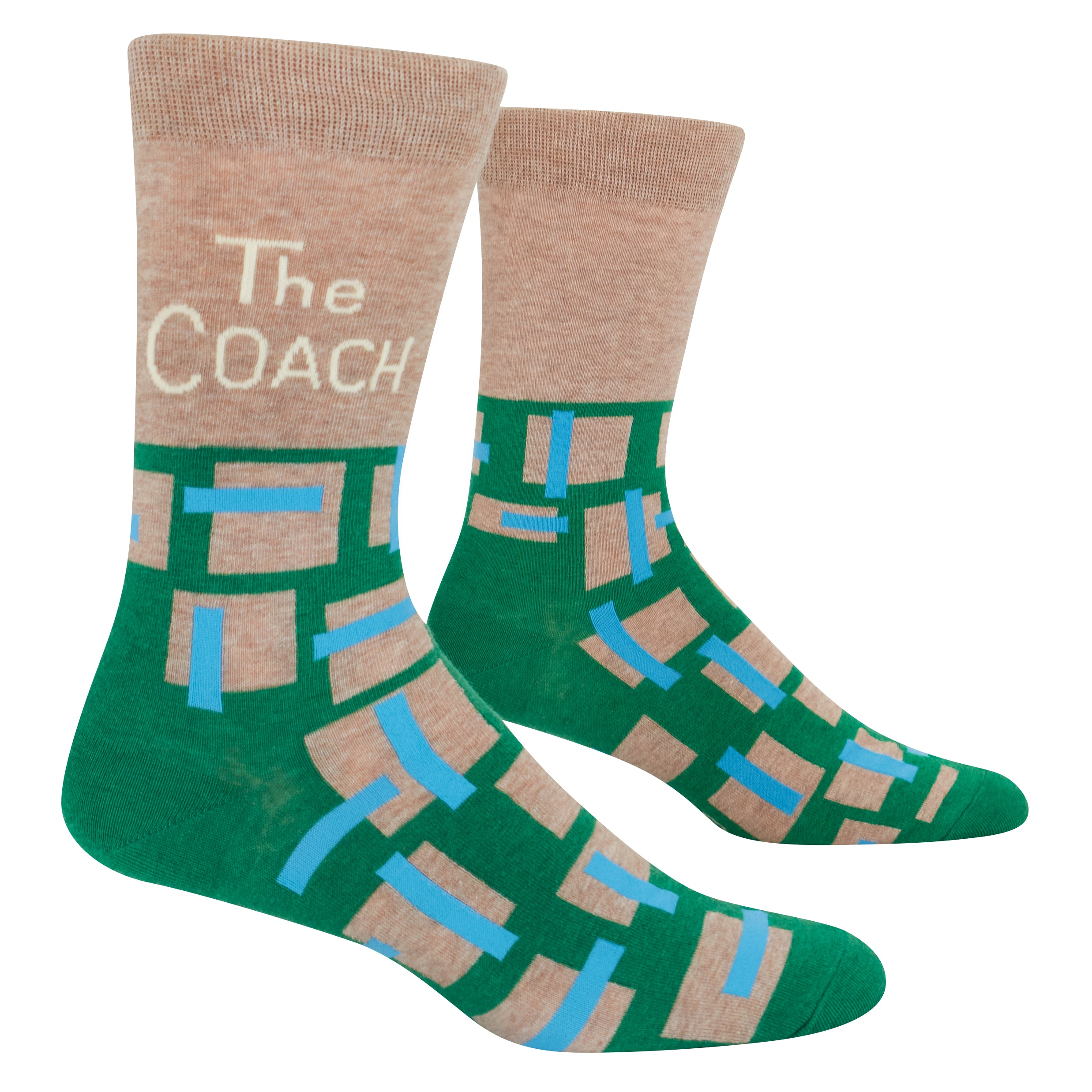 Green and brown socks with 'The Coach' text on a white background. Available at Be Charmed