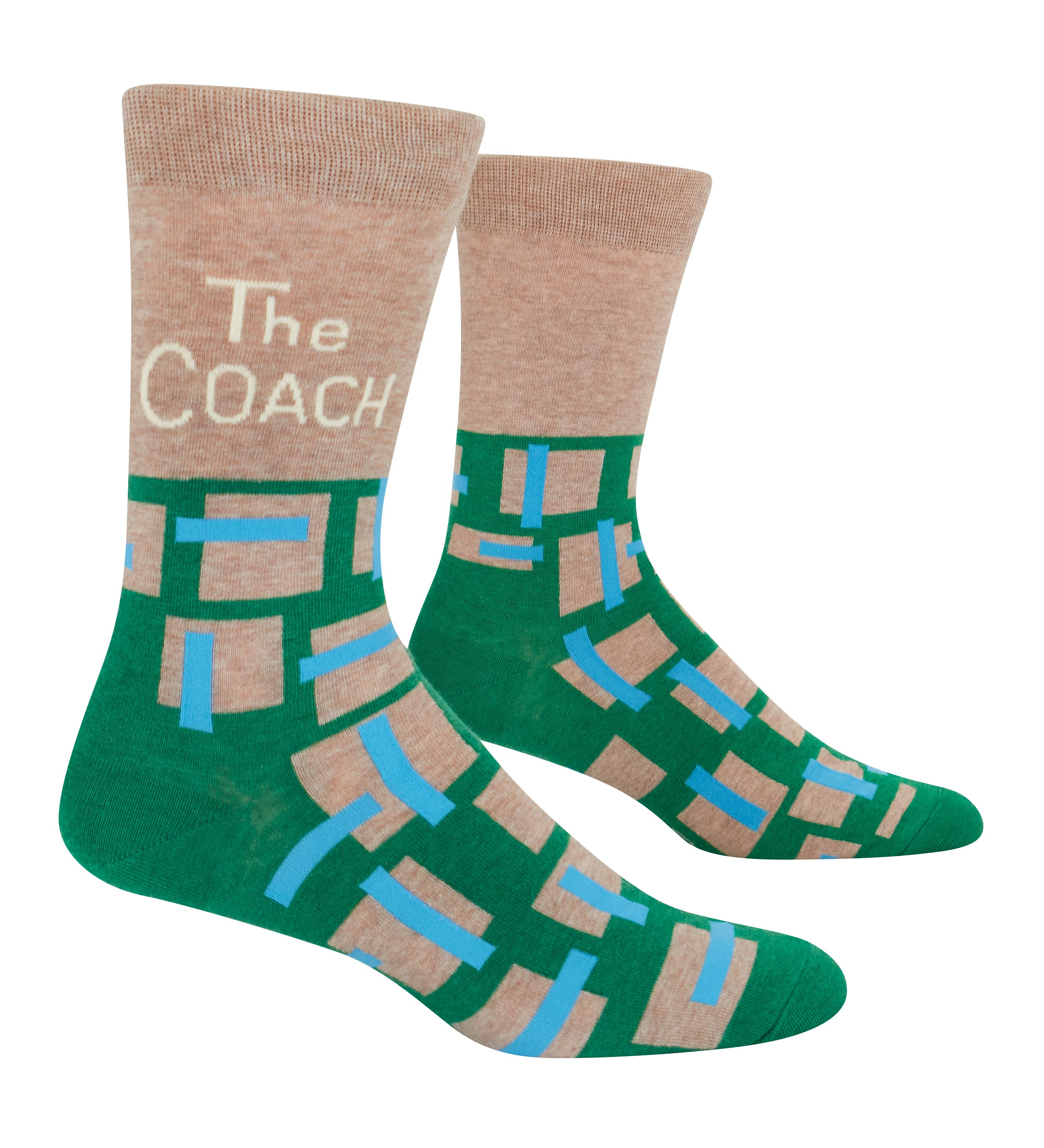 Green and brown socks with 'The Coach' text on a white background. Available at Be Charmed