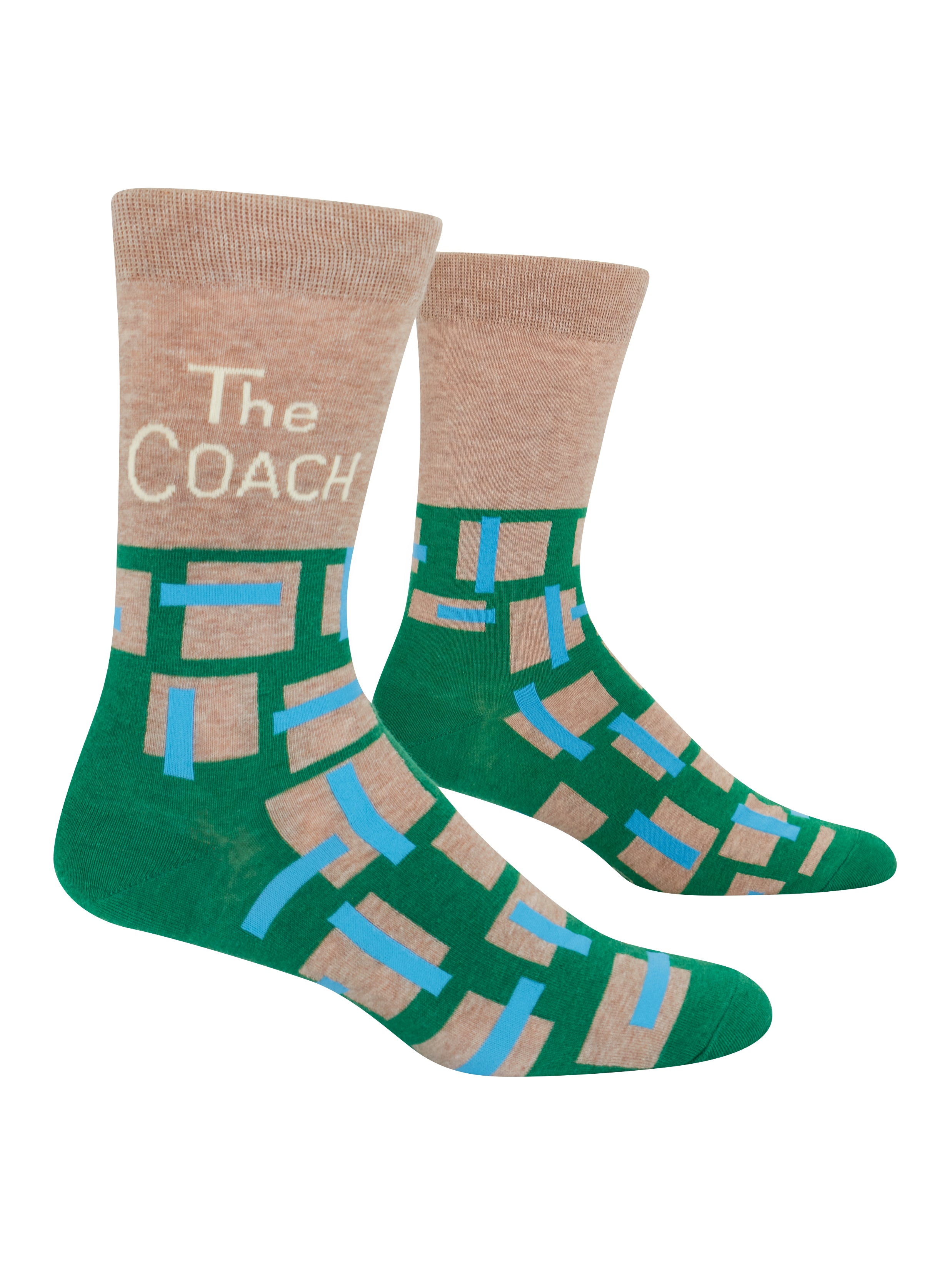 Green and brown socks with 'The Coach' text on a white background. Available at Be Charmed