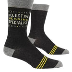 Blue Q Selective Hearing men's crew socks featuring a humorous graphic design, available at Be Charmed