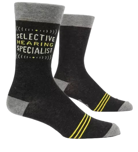 Blue Q Selective Hearing men's crew socks featuring a humorous graphic design, available at Be Charmed