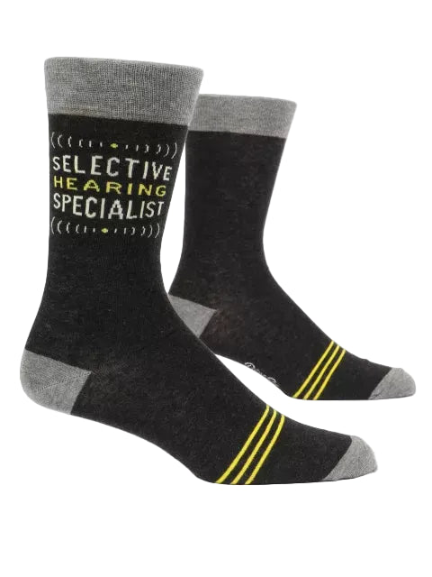 Blue Q Selective Hearing men's crew socks featuring a humorous graphic design, available at Be Charmed