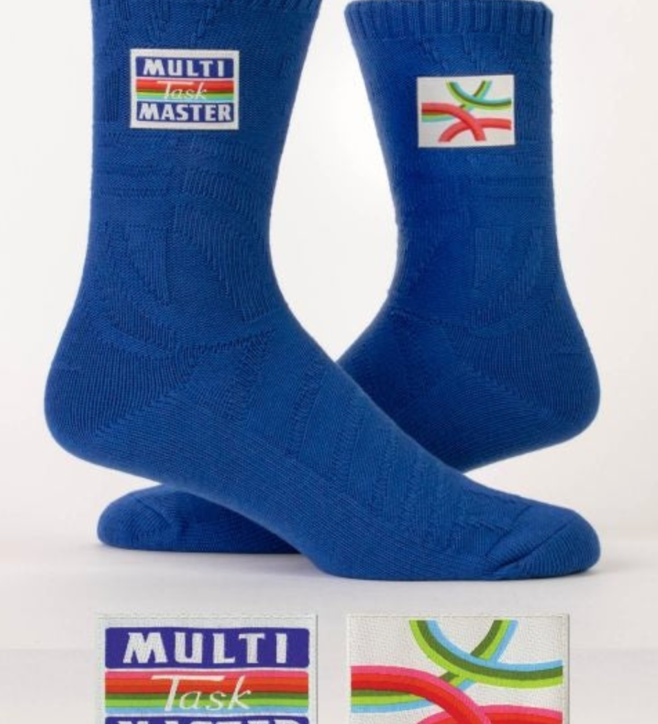 Blue Q Multitaskmaster Tag Socks with witty tag design, available at Be Charmed.