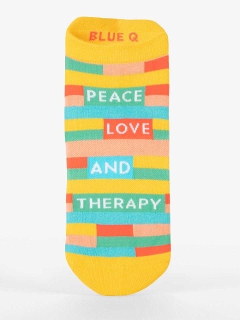 Peace & Therapy sneaker socks – colorful, soft cotton-blend socks with a positive message, available at Be Charmed.