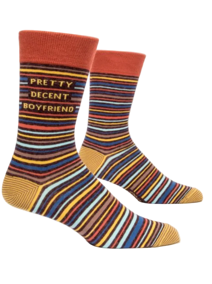 Blue Q Men's Crew Socks, Pretty Decent BF, featuring a bold graphic design with witty text, available at Be Charmed