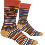 Blue Q Men's Crew Socks, Pretty Decent BF, featuring a bold graphic design with witty text, available at Be Charmed