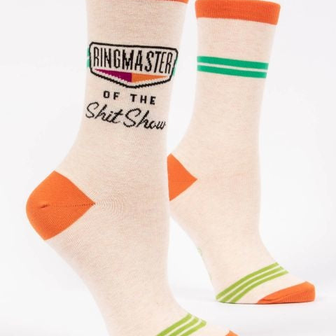 Blue Q Crew Socks – Ringmaster of the Sh*t Show design with bold circus-themed graphics and humor – Available at Be Charmed
