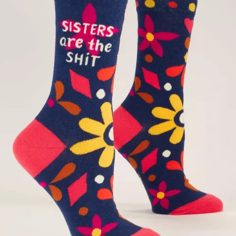 Blue Q Crew Socks – Sisters are the Shit with bold text and fun design, perfect gift for sisters – Available at Be Charmed
