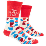 Blue Q The Rad Dad men's crew socks featuring a vibrant graphic print with a fun typography design, available at Be Charmed