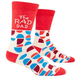 Blue Q The Rad Dad men's crew socks featuring a vibrant graphic print with a fun typography design, available at Be Charmed