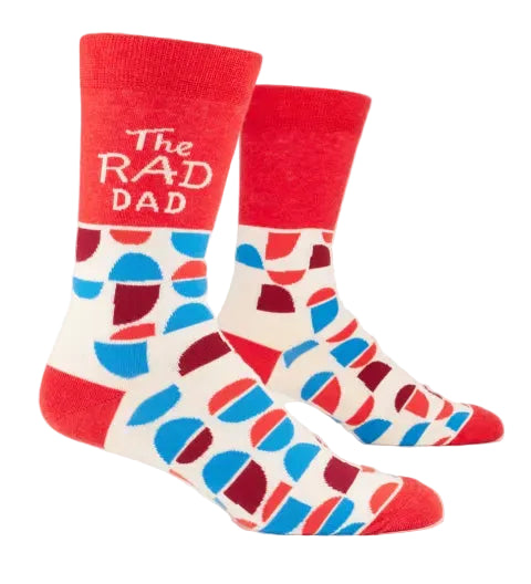 Blue Q The Rad Dad men's crew socks featuring a vibrant graphic print with a fun typography design, available at Be Charmed
