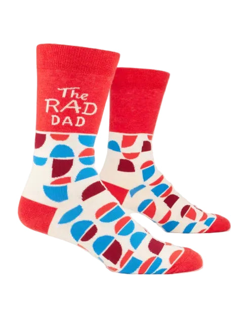 Blue Q The Rad Dad men's crew socks featuring a vibrant graphic print with a fun typography design, available at Be Charmed
