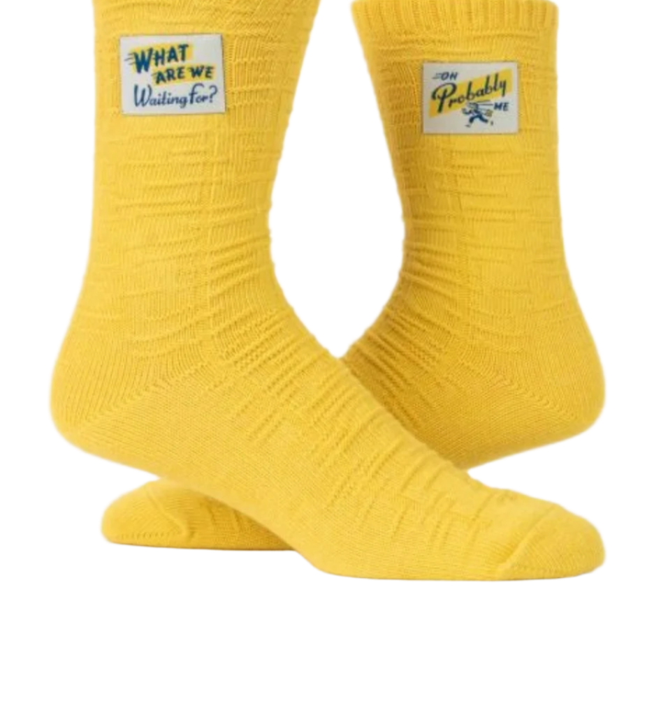 Blue Q "What Are We Waiting For? Oh, Probably Me" Tag Socks featuring a humorous tag design, available at Be Charmed.