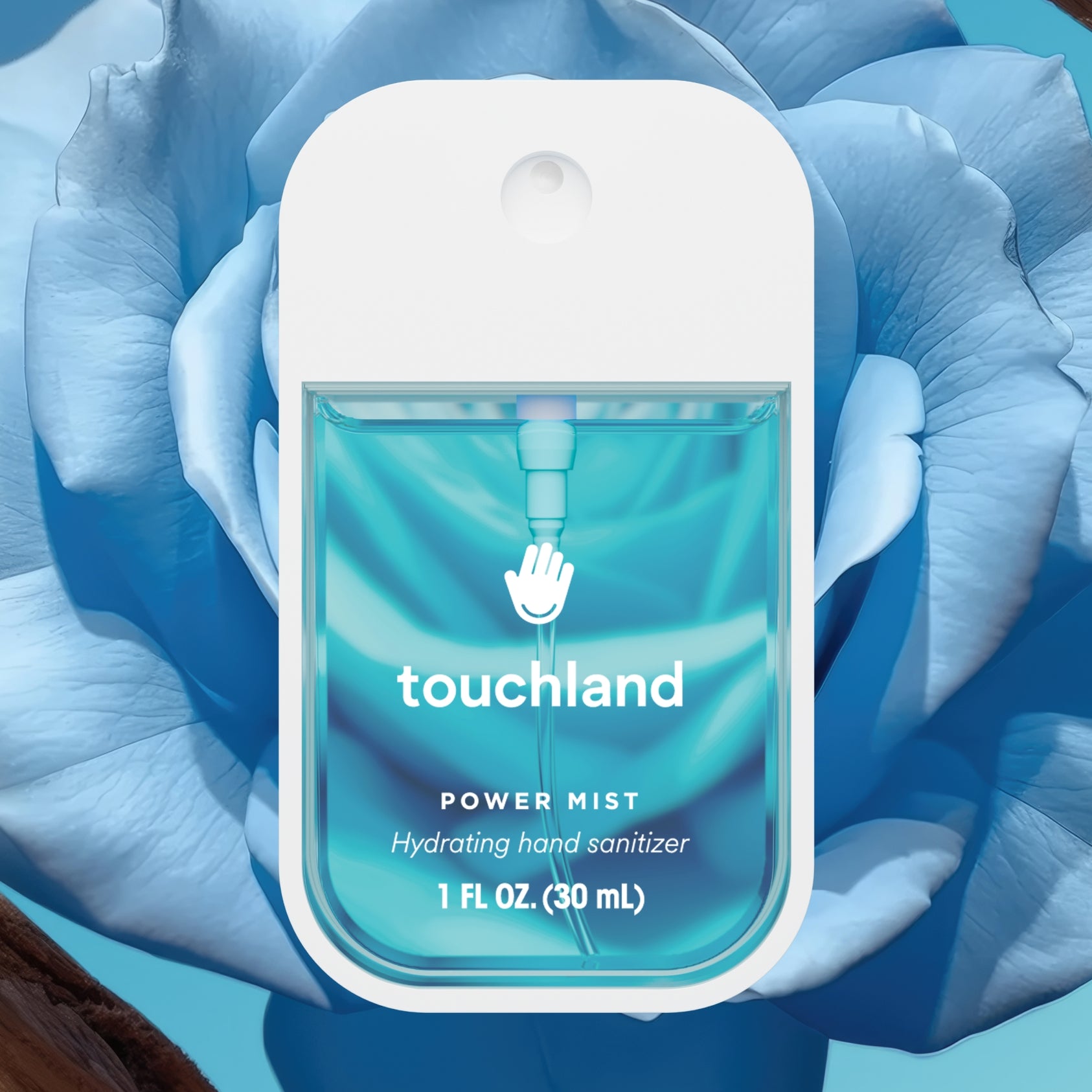 Touchland hand sanitizer with blue design on a blue floral background. Available at Be Charmed
