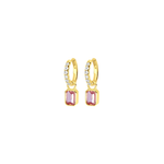 Blush Lilac Gold hoop earrings with pink gemstones on a white background. Available at Be Charmed
