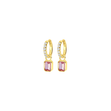 Blush Lilac Gold hoop earrings with pink gemstones on a white background. Available at Be Charmed
